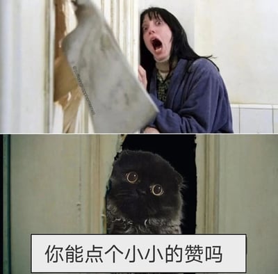 图片为上下拼接的对比图。上半部分是一位黑发女性，身穿紫色外套，表情极度震惊，嘴巴大张，正躲在门后，手扶着门框，门框边缘有破损痕迹，背景为白色墙壁和瓷砖。下半部分是一只黑色猫咪，从门缝中探出头，眼睛瞪得很大，露出惊讶好奇的表情，猫咪下方有一行文字：“你能点个小小的赞吗”。图片通过将经典恐怖片的惊悚场景与猫咪的可爱表情结合，形成强烈反差萌，以幽默方式请求点赞。