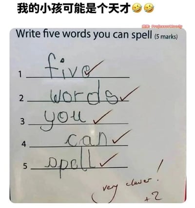 这是一张包含学生英文试卷的静态图片，试卷题目为英文“Write five words you can spell (5 marks)”，要求学生写出五个自己会拼写的单词。学生没有常规地写出任意五个会的单词，而是巧妙地提取题目中的“five”“words”“you”“can”“spell”这五个单词，依次填到对应的五个答题空里，精准满足了题目的要求。老师对这个机灵的回答给出了认可，给每个答案都打上对勾，还写下“very clever! +2”的评语，额外奖励了2分。图片顶部配有中文文字“我的小孩可能是个天才😆😆”，以调侃的语气夸赞这个学生的奇思妙想，整个画面充满了校园生活的趣味，展现了孩子独特的思维方式。