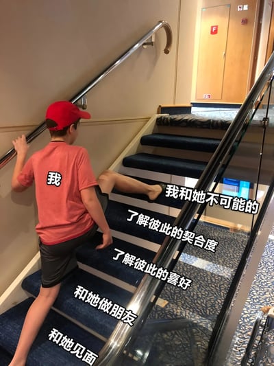 图片中一名戴着红色帽子、穿着红色T恤的男孩正在爬楼梯。他的T恤背面写着“我”，而楼梯上从下到上依次排列着文字：“和她见面”、“和她做朋友”、“了解彼此的喜好”、“了解彼此的契合度”，最上方则是“我和她不可能的”。这张图通过楼梯的高度差形象地表现了从认识到建立关系的难度，最终以“不可能”收尾，形成一种幽默的自嘲效果。