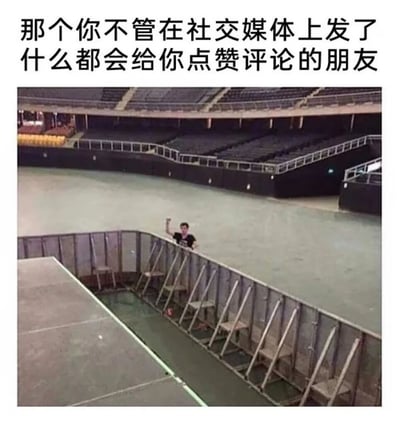 图片上方配有文字“那个你不管在社交媒体上发了什么都会给你点赞评论的朋友”，下方是一张大型体育场的照片，场内座椅空空荡荡，只有一人站在场地中央，举起一只手，仿佛在独自为你应援，形象地比喻了那些无论你发什么内容都会积极互动的忠实朋友。