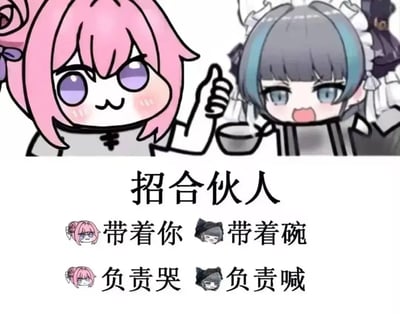 这张图片以《胜利女神：妮姬（NIKKE：The Goddess of Victory）》的二创角色Doro为主角，配合同样Q版角色，借用“招合伙人”网络梗开展沙雕招募。画面上方Doro表情俏皮地竖大拇指，旁边另一个角色手拿饭碗张嘴呐喊，原型均出自动画或游戏的二创表情包。配文“招合伙人 带着你/带着碗 负责哭/负责喊”，模仿近年流行的‘招募合伙人’模板，带有群聊、发癫式自嘲与搞笑氛围。整体风格年轻、活泼、戏谑，适合好友间斗图或社群小团体内部玩梗。

没有谐音、暗示、双关等，但“带碗负责喊”属于恶搞化场景剧梗。