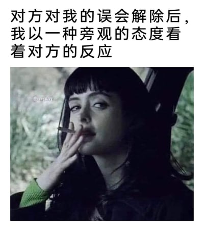 这是一张图文结合的表情包，上方配有文字“对方对我的误会解除后，我以一种旁观的态度看着对方的反应”，下方是美剧《绝命毒师》中角色简·玛戈利斯的影视截图。图中人物神态淡定疏离，眼神带着事不关己的漠然，手抬起放在嘴边，姿态慵懒放松，精准传达出在误会解除后，自身已释怀，只想冷眼旁观对方反应的淡然、略带疏离的情绪，非常适合用来调侃人际关系中矛盾解决后，自己置身事外的心态。
