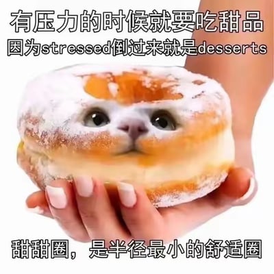 这是一张创意合成P图，将真实猫咪的脸与撒满糖粉的甜甜圈图像结合，营造出猫咪“藏”在甜甜圈中的可爱效果，被一只手捧着。图中配有两段治愈系文字：上方文字为「有压力的时候就要吃甜品 因为stressed倒过来就是desserts」，利用英文单词的拼写双关，将“压力（stressed）”与“甜品（desserts）”关联；下方文字为「甜甜圈，是半径最小的舒适圈」，玩了中文谐音梗，把甜甜圈的圆形形态和“舒适圈”概念结合，传递出吃甜品能缓解压力、带来短暂治愈感的情绪。
双关与谐音梗说明：
1. 英文拼写双关：stressed（感到压力的）倒序拼写即为desserts（甜品），巧妙将压力与解压的甜品建立联系；
2. 中文谐音梗：将甜甜圈的“圈”与“舒适圈”结合，形容甜甜圈是能让人暂时逃离压力的小型治愈空间。