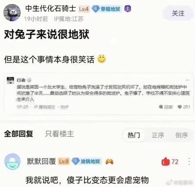 这是一张国内论坛的社交媒体截图，楼主「中生代化石骑士」分享了一则荒诞离谱的国外事件：英国一名女大学生给宠物兔子洗澡后，因吹风机损坏，在电烤箱和微波炉中选择了她认为更安全的微波炉来烘干兔子，最终导致兔子爆炸，学校为此安排心理医生介入。楼主配文「对兔子来说很地狱，但是这个事情本身很笑话」，下方热门回复评论「我就说吧，傻子比变态更会虐宠物」，内容充满黑色幽默，因事件的荒诞性引发讨论。