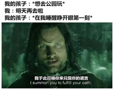 图片上方为亲子对话文本：孩子表示想去公园玩，家长回应“明天再去啦”，孩子则在家长睡醒睁眼第一刻提醒。下方是电影《指环王》中的经典场景截图，角色阿拉贡表情严肃，眼神坚定，配文“我于此召唤你来兑现你的诺言”（英文副标题“I summon you to fulfill your oath”）。通过将孩子催家长兑现承诺的日常场景与电影中庄严的召唤情节结合，形成幽默反差，调侃孩子对承诺的执着和家长的无奈。