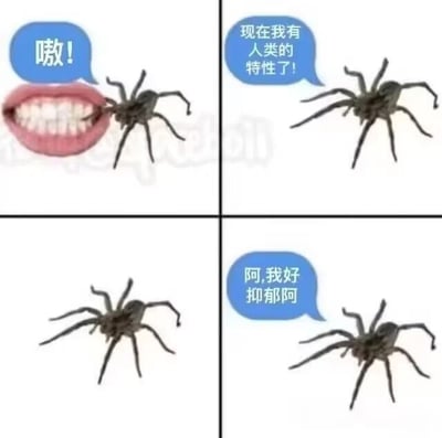 这是一幅由四格画面组成的连环漫画，通过夸张的P图创作来传递黑色幽默：第一格中，一只蜘蛛与一张人类的嘴结合在一起，配文“嗷！”，表现出蜘蛛似乎在完成获取人类特性的行为；第二格中，单独的蜘蛛配文“现在我有人类的特性了！”，宣告自己成功获得人类特质；第三格是没有配文的单独蜘蛛画面，起到过渡作用；第四格的蜘蛛配文“阿，我好抑郁阿”，用荒诞的剧情调侃抑郁是当代人类常见的负面情绪，暗示当生物获得人类特性后，首先感受到的就是抑郁情绪，以此引发有类似情绪困扰的网友共鸣。