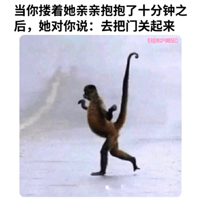 这张梗图上方是文字描述，下方是一张猴子直立行走的照片。文字内容为："当你搂着她亲亲抱抱了十分钟之后，她对你说：去把门关起来"。图片中的猴子呈现出直立行走的姿势，尾巴翘起，似乎在快速移动，与文字内容中需要去关门的情景形成幽默呼应。