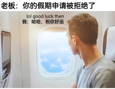 图片展示了一个坐在飞机座位上的男子正望向窗外的蓝天白云。图片上方有文字"老板：你的假期申请被拒绝了"，中间则有英文"lol good luck then"和中文"我：哈哈，祝你好运"。这张图通过幽默的方式展现了一种职场反转情景：当老板拒绝假期申请时，员工已经在度假途中了。