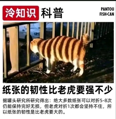 这是一张主打无厘头搞笑的科普类图片，上方是一张利用视觉错觉的实拍照片：一只橘猫在栏杆旁活动，栏杆投射的影子在猫身上形成类似老虎的条纹，让橘猫看起来酷似老虎；下方搭配以偷换概念为核心的搞笑科普文字，虚构“罐头研究所”的研究结论，将纸张物理对折的韧性与生物老虎无法被对折的概念混淆，得出“纸张的韧性比老虎要强不少”的荒诞结论，通过这种逻辑错位的梗来制造笑点，属于网络上常见的趣味恶搞内容。