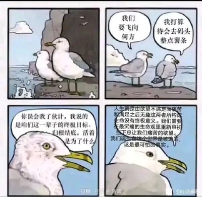 这是一幅四格连环卡通漫画，主角是两只海鸥。第一格中，两只海鸥站在海边的岩石上，背景是海洋与天空，氛围平静。第二格中，一只海鸥向另一只发问“我们要飞向何方”，被问的海鸥轻松地回答“我打算待会去码头整点薯条”，呈现出日常化的回答。第三格中，提问的海鸥表情变得严肃，认真地纠正对方：“你误会我了伙计，我说的是咱们这一辈子的终极目标。归根结底，活着是为了什么”，将话题引向深刻的人生哲学层面。第四格中，原本回答“整点薯条”的海鸥突然开始输出一段消极且深刻的哲学观点：“人生就是由欲望不满足而痛苦和满足之后无趣这两者所构成，生命没有终极意义。我们需要在最沉痛的生命观里重新审视当下总让我们痛苦的欲望。我们诞生在这个世界是被迫的，这是最可怕的事实。” 漫画通过日常琐碎目标与严肃哲学思考的强烈反差，制造出荒诞幽默的效果，用海鸥的对话调侃了人们在思考人生意义时的反差感。