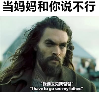 图片上方有黑色大字标题'当妈妈和你说不行'，下方是电影《海王》中杰森·莫玛饰演的亚瑟·库瑞的剧照，他留着长发和胡须，表情坚定，眼神锐利。角色下方配有中文字幕'我要去见我爸爸'及英文翻译'I have to go see my father.'。整体通过电影角色的坚定形象与标题形成幽默对比，调侃当妈妈拒绝自己时转向爸爸求助的场景，充满家庭互动的趣味吐槽。