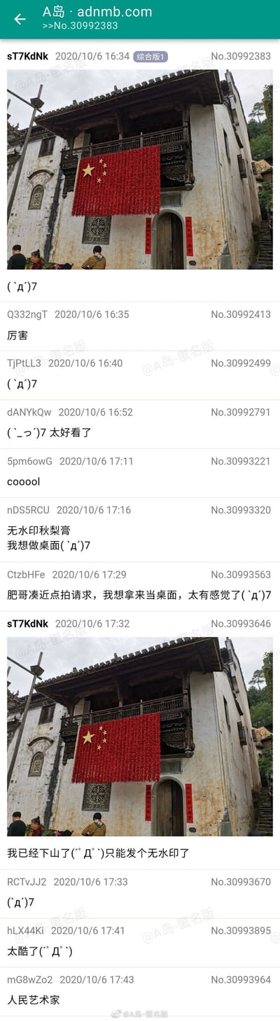 这是2020年10月6日发布在匿名论坛A岛综合版的帖子，用户sT7KdNk分享了一张实拍照片：在具有徽派风格的老旧古宅外墙上，用大量红辣椒拼接成了中国国旗的样式，古旧的建筑与鲜艳的辣椒国旗形成独特的视觉效果，搭配门口的国庆主题对联，充满了节日氛围。帖子发布后，众多论坛用户在评论区留言，纷纷称赞这个创意，有用户表示想要无水印版本作为桌面壁纸，楼主随后发布了无水印的照片，评论区整体氛围积极，充满对该创意的认可。