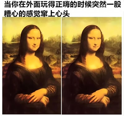 这张梗图通过左右对比的方式展示了达芬奇名画《蒙娜丽莎》的两个几乎相同的版本，上方配有文字'当你在外面玩得正嗨的时候突然一股糟心的感觉窜上心头'。图片巧妙利用了蒙娜丽莎神秘微笑中难以察觉的细微差异，幽默地表现了人们在愉快时刻突然感到不安或担忧的心理状态转变。