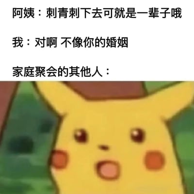 这张梗图上方是三段对话文字，内容是阿姨提醒刺青是一辈子的事，而"我"则犀利回应"不像你的婚姻"，最后以"家庭聚会的其他人："引出下方的图片内容。图片部分是《精灵宝可梦》中的皮卡丘，它瞪大双眼、嘴巴微张，露出非常震惊的表情，完美诠释了家庭聚会中其他人听到这番对话时的反应。通过将日常对话与经典动漫角色表情结合，制造出幽默又略带讽刺的效果。