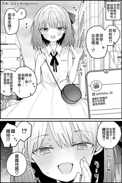 这是一则两格原创日式搞笑漫画，讲述主角与社交软件上资料标注为“奔三中年男”的网友“茂”面基，初见时误把对方认成女生并道歉，结果对方却开心地表明自己是雌性（伪娘），让主角陷入震惊的故事。漫画通过“男网友变伪娘”的双重反转制造笑点，搭配角色的夸张表情增强喜剧效果。