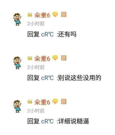 这是一张社交媒体聊天记录截图，展示了用户“籴耋6”（带有卡通人物头像，头像人物面带笑容，穿着蓝色衣服）在2小时内对用户“cR°C”的三条连续回复。回复内容依次为“还有吗”“别说这些没用的”“详细说糙逼”，整体对话风格直接，带有一定的不耐烦和追问语气。