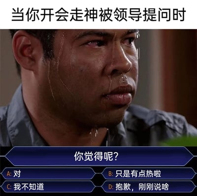 这是一张调侃职场场景的搞笑梗图，顶部文字标注“当你开会走神被领导提问时”，中间使用美剧《基和皮尔》的经典流汗名场面截图，人物满脸大汗、表情惊慌窘迫，精准还原了走神被抓时的尴尬心态。下方模拟游戏选项界面，领导提问“你觉得呢？”，并给出四个选项：A:对，B:只是有点热啦，C:我不知道，D:抱歉，刚刚说啥，每个选项都对应了不同的应对心态，或是硬着头皮附和，或是找借口掩饰，或是直接承认，生动展现了职场人面对这种社死场景的不同反应。
