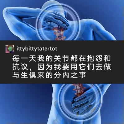这是一张由3D渲染人体模型图和社交平台用户评论拼接而成的梗图。图中蓝色3D人体模型双手分别按压颈部和腰部的关节部位，关节处用红色突出显示，表现出明显的疼痛状态；上方叠加的黑色文字框中是用户ittybittytatertot的发言：“每一天我的关节都在抱怨和抗议，因为我要用它们去做与生俱来的分内之事”，以幽默又无奈的语气吐槽了日常动作就会引发关节疼痛的困扰，容易引发有类似身体不适人群的共鸣。