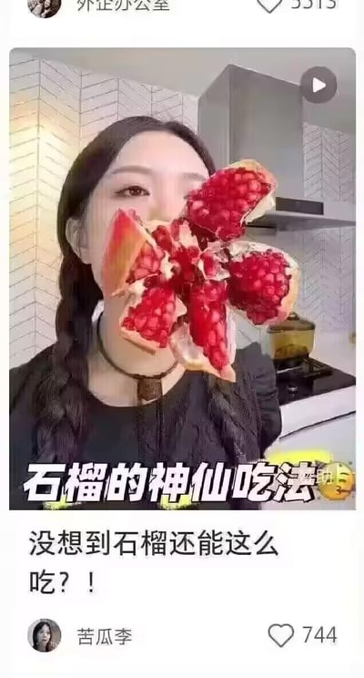 社交媒体视频截图，展示一位女性在现代厨房环境中，将石榴掰开成花瓣状举在面前形成创意造型。图片上方有醒目文字'石榴的神仙吃法'，下方配有'没想到石榴还能这么吃？！'的惊叹语，呈现一种新颖的石榴食用方式。画面背景可见厨房橱柜和灶台，顶部显示账号'外企办公室'，底部有创作者'苦瓜李'及744个点赞，整体风格轻松有趣，突出生活小技巧分享。