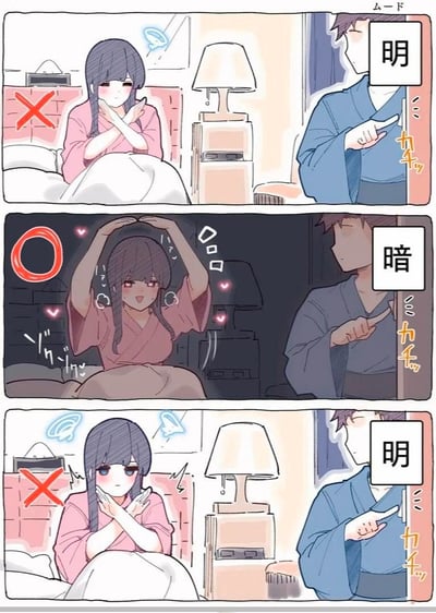 这是一幅三格纵向排列的动漫风格漫画，展示了光线变化对少女情绪的影响。上格和下格标注为'明'(明亮)，中格标注为'暗'(黑暗)。在明亮场景中，少女双手交叉放在胸前，表情害羞，头顶有红色叉号；在黑暗场景中，少女双手举过头顶，表情兴奋，周围有心形图案和'O'标记；回到明亮场景时，少女表情惊讶，头顶再次出现红色叉号。右侧的少年始终指向光线状态标识。