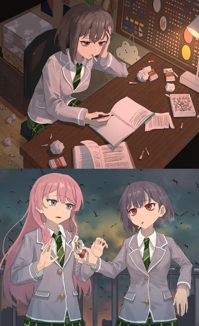 这是由上下两张图拼接的原创二次元插画：
- 上图：穿着浅紫色校服的灰发少女坐在杂乱的书桌前，桌上堆满了烟头、空烟盒和揉皱的废纸，她叼着烟，一手扶着额头，一手在书本上书写，满脸疲惫与烦躁，呈现出被学业或事务压垮的状态。
- 下图：黄昏暗沉的天空下，粉发校服少女摆手严肃拒绝紫发校服少女递来的烟盒，紫发少女叼着烟，神态无所谓，背景的飞鸟更添压抑氛围。
图中没有双关、谐音梗或暗示内容。