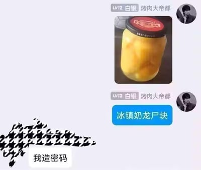 这是一段社交聊天记录截图，用户「烤肉大帝都」发送了一罐黄桃罐头的图片，并配文调侃它是「冰镇奶龙尸块」，下方还有一条被打码的消息「我造密码」。该内容通过将黄桃罐头的黄色果肉与动画角色奶龙的颜色关联，用夸张搞笑的脑洞说法制造反差笑点，属于网友对日常物品的趣味玩梗。
