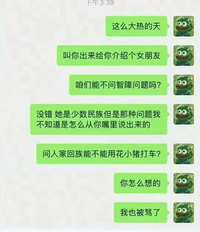 这是一段竖屏的微信聊天记录截图，发送者使用悲伤蛙（Pepe the Frog）作为聊天头像，连续发送多条消息吐槽：自己顶着大热天帮朋友介绍回族女生相亲，结果朋友却问出了完全不合逻辑的冒犯问题——询问回族女生能不能用花小猪打车，这个问题和回族的民族禁忌毫无关联，属于莫名其妙的失礼提问，导致发送者也被女生责骂，字里行间充满了无奈、尴尬与崩溃的情绪。
无双关、谐音梗或暗示内容。