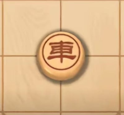图片展示了中国象棋中的一枚“車”棋子特写。棋子为圆形，主体呈米黄色，中央用红色字体书写“車”字，放置在米黄色的棋盘格子上，棋盘线条为浅棕色，整体构图简洁清晰，突出了中国象棋的经典元素。