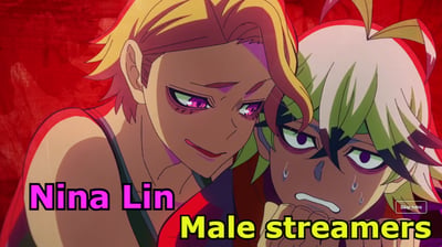 红色斑驳背景下，左侧金发紫瞳的角色Nina Lin面带自信微笑，眼神锐利；右侧白发绿挑染的角色（标注为Male streamers）则眉头紧锁，额头冒汗，表情紧张。画面底部用粉色和黄色文字分别标注角色身份，右下角有“Skip Intro”按钮，整体氛围充满戏剧张力。