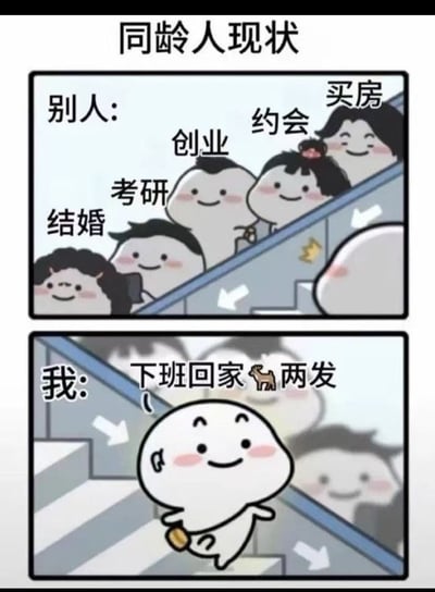 这是一则常见的网络表情梗图，用两格漫画的形式展现同龄人在不同人生进度上的对比。上半格展示了“别人”在结婚、考研、创业、约会、买房等人生大事上步步高升，下半格则自嘲式地只关注下班回家打两盘游戏。文字中用“🐪”代指“把”字，形成轻微的谐音和圈内梗，整体氛围幽默、轻松，反映现代年轻人的压力与自我调侃。