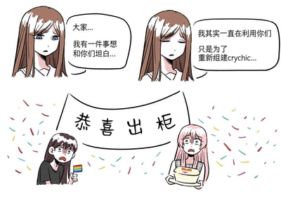 这是一张基于《BanG Dream! It's MyGO!!!!!》的二次创作搞笑连环图。<br>图中长崎爽世带着愧疚的神情，向队友坦白自己一直在利用大家，目的只是为了重新组建曾经的乐队crychic；但队友完全误解了她的意思，将“坦白”当成了“出柜”，立刻举着彩虹旗、捧着带有彩虹爱心的蛋糕，打出“恭喜出柜”的横幅，形成了强烈的反差笑点，属于语境误解带来的乌龙喜剧效果。