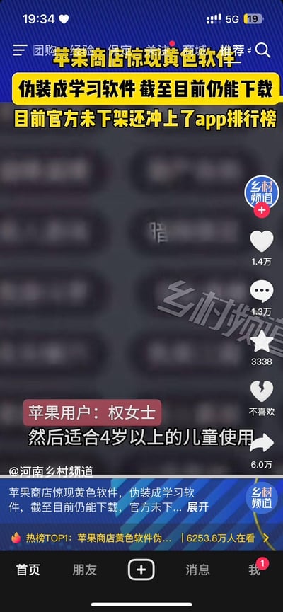 这是抖音平台的新闻视频截图，内容为爆料苹果App Store中出现伪装成学习软件的黄色APP，该APP标注适合4岁以上儿童使用，目前仍可下载，未被官方下架还冲上了APP排行榜。该内容由河南乡村频道发布，登上抖音热榜TOP1，已有6253.8万人在看；视频互动数据显示点赞1.4万、评论1.3万、转发6.0万、收藏3338，引发网友对APP审核和儿童网络环境的关注。