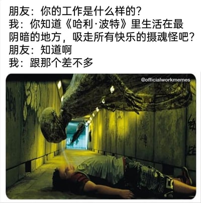 这是一张以职场吐槽为主题的梗图，通过上方对话与下方画面结合，用《哈利·波特》中以吸走人类快乐为生的摄魂怪来比喻工作状态。对话里，当朋友询问工作情况时，“我”将工作类比为摄魂怪，暗示工作如同摄魂怪一般，身处压抑阴暗的环境，会不断消耗人的精力与快乐，让人身心俱疲。下方画面改编自摄魂怪吸取快乐的经典场景，昏暗的隧道营造出压抑氛围，倒挂的摄魂怪正对躺在地上的男孩吸取“快乐”，直观将工作对人的精神消耗具象化，精准戳中职场人被工作消磨活力的情绪痛点，引发共鸣。
