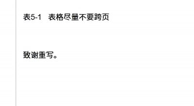 这是一张截取待修改论文文档的截图，内容充满反差笑点：第一页末尾显示表格标题「表5-1 表格尽量不要跨页」，但这个要求表格不要跨页的标题本身就跨页了，仅显示了前半部分，第二页的开头则只有「致谢重写。」的修改要求，既讽刺了排版要求本身没有达到规范，也体现了论文作者收到重写致谢要求时无奈绷住的心情。