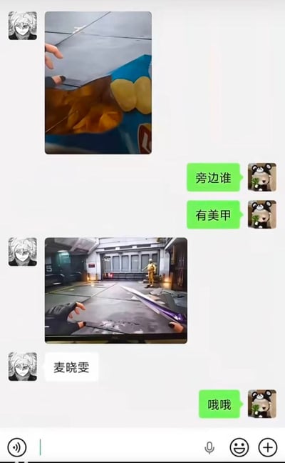 这是一张微信聊天记录截图，对话双方分别使用白发动漫头像和熊猫玩偶头像。白发头像用户首先发送一张实拍图，内容为涂有黑色美甲的手放在打开的乐事薯片袋旁；熊猫头像用户看到图后误以为是实拍里的其他人做了美甲，接连发送消息询问“旁边谁”“有美甲”。随后白发头像用户发送一张射击游戏《无畏契约》的第一视角游戏画面截图，画面中玩家操控的角色麦晓雯的手部建模同样是黑色指甲的设计，同时回复“麦晓雯”，解释之前图里的“美甲”其实是游戏画面截出来的手部建模，熊猫头像用户随后回复“哦哦”表示明白梗的内容。