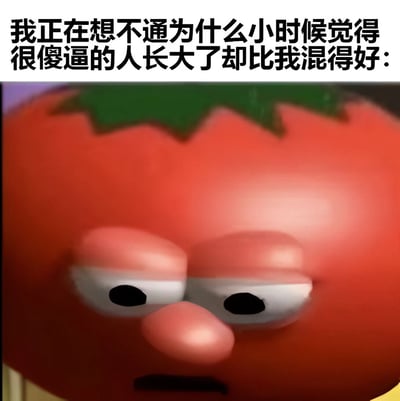 图片上方为黑色文字：“我正在想不通为什么小时候觉得很傻逼的人长大了却比我混得好:”，下方是一个卡通番茄形象的特写。番茄有着红色的身体、绿色的叶子顶部，面部表情呈现出困惑和疲惫，眼睛半眯，嘴巴微张，整体给人一种对现实感到不解的自嘲感。