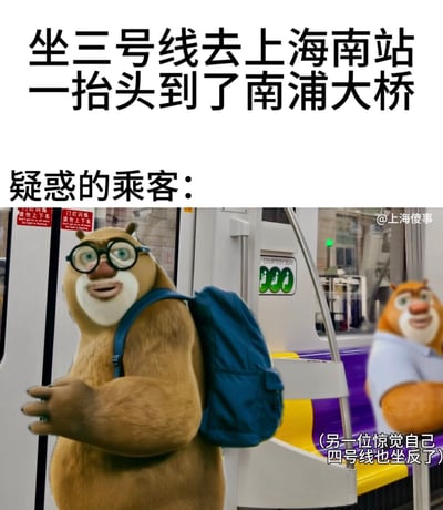 这是一张结合上海地铁出行场景的搞笑合成梗图，顶部白色区域配黑色大字“坐三号线去上海南站，一抬头到了南浦大桥”，下方标注“疑惑的乘客：”，主体画面为上海地铁车厢内部实景，把《熊出没》中戴着黑框眼镜、背着蓝色双肩包的棕熊角色合成到车厢门口位置，角色面露茫然困惑的神态，还原坐错路线的乘客的状态；画面右下角还有另一个被合成到地铁座位上的《熊出没》棕熊角色，旁边配小字“（另一位惊觉自己四号线也坐反了）”，用夸张的卡通形象调侃在上海乘坐地铁时容易坐反方向、走错路线的常见趣事，很容易引发有同类经历网友的共鸣。