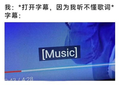 图片上方是黑色文字：“我：*打开字幕，因为我听不懂歌词* 字幕：”，下方是一张屏幕截图，截图中显示蓝色背景上有一个黑色矩形框，里面写着“[Music]”。整个图片通过对比“想通过字幕理解歌词”和“字幕仅显示[Music]”的情景，营造出一种无奈又搞笑的氛围，反映了人们在听不懂歌词时依赖字幕却遇到“无效字幕”的常见经历。