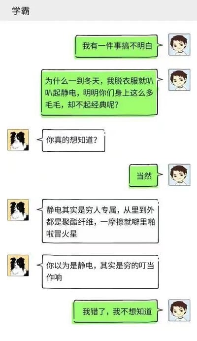 这是一段拟人化的聊天记录连环梗图，以对话形式展开趣味调侃：用户向名为“学霸”的边牧形象提问，疑惑自己冬天脱衣服时总会噼里啪啦起静电，而身上长很多毛的狗狗却不会出现这种情况。边牧先反问用户是否真想知道答案，在得到肯定答复后，玩了一个谐音双关梗，将静电产生的“噼里啪啦”声响，谐音成“穷的叮当作响”，调侃用户穿的是容易起静电的聚酯纤维衣物，暗指是经济条件有限才会遇到这种困扰。最后用户回复“我错了，我不想知道”，表现出被扎心后的无奈情绪。