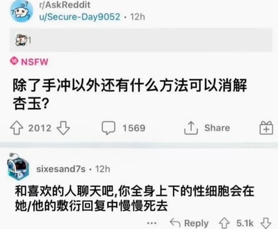 这是一张Reddit论坛r/AskReddit板块的截图，显示了一个标题为“除了手冲以外还有什么方法可以消解杏玉?”的帖子，带有NSFW(18+)标签。帖子获得了2012个赞和1569条评论。最顶部的评论来自用户sixesand7s，内容幽默地建议“和喜欢的人聊天吧，你全身上下的性细胞会在她/他的敷衍回复中慢慢死去”，该评论获得了5.1k的点赞。