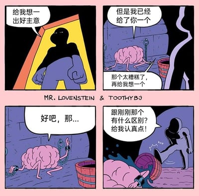 这是一幅四格卡通连环漫画，以拟人化的大脑和黑影人为角色，构建了一个类似地牢的场景。黑影人命令被锁链束缚的大脑为自己想出好主意，大脑表示已经给出过一个主意，却被黑影人否定并要求再想一个。无奈的大脑试图构思新主意，却依然被黑影人指责与之前的主意没有区别，黑影人愤怒地踢翻木桶，斥责大脑不够认真。漫画通过夸张的拟人化形象和情节，以黑色幽默的方式讽刺了现实中类似职场里上级对下属提出苛刻要求、过度压榨创意的不合理现象，展现了被压榨者的无奈与无力。