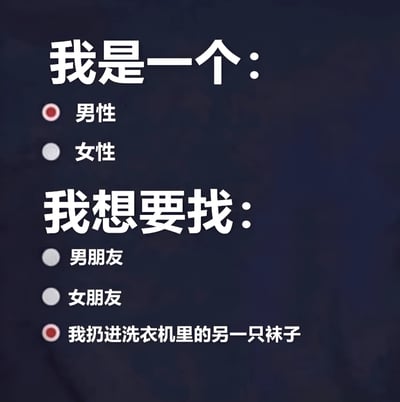 这是一张幽默风格的图文混排图片，模拟了一个选择表单。上方标题为“我是一个：”，下方有两个选项，其中“男性”被红色圆点选中，“女性”为白色未选中状态。中间标题为“我想要找：”，下方有三个选项，“男朋友”和“女朋友”均为白色未选中状态，而“我扔进洗衣机里的另一只袜子”被红色圆点选中。通过将寻找丢失的袜子与寻找恋爱对象进行对比，制造出日常生活中的幽默反差，调侃人们常遇到的袜子丢失问题比找对象更迫切的有趣现象。