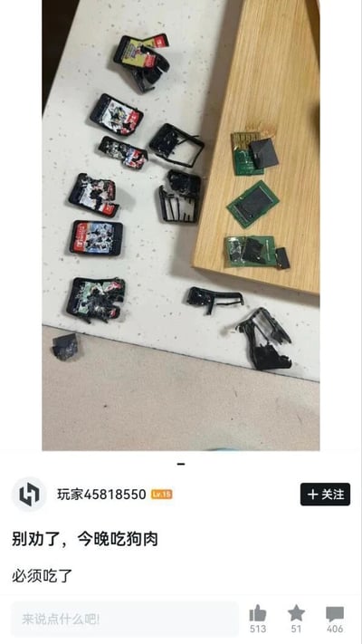 图片展示了一张桌子上散落着多个破碎的物品，包括疑似游戏卡带或存储卡的残骸（外壳破裂、内部芯片暴露）以及几块损坏的电路板。图片下方是社交媒体用户“玩家4581550”的发帖内容：“别劝了，今晚吃狗肉 必须吃了”，并显示有513个点赞、51个收藏和406条评论。这里的“吃狗肉”并非字面意义，而是通过夸张表达强烈的愤怒或决绝情绪，可能因物品损坏而极度生气。
