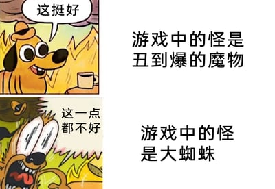 这是一张上下分栏的对比式改编梗图，利用卡通狗狗的两种极端情绪状态，展现玩家对游戏中不同怪物的反差态度。上半部分中，戴着帽子的卡通狗狗神态轻松淡定，坐在有火焰的环境里，对白气泡写着“这挺好”，对应右侧文字“游戏中的怪是丑到爆的魔物”，体现出玩家对这类怪异但非个人恐惧点的怪物接受度很高；下半部分的狗狗则呈现瞳孔地震、大张嘴巴、身体扭曲的崩溃状态，对白气泡写着“这一点都不好”，右侧对应文字“游戏中的怪是大蜘蛛”，精准戳中了多数人对蜘蛛类生物的恐惧心理，通过强烈的情绪反差制造笑点，引发有类似蜘蛛恐惧的玩家的强烈共鸣。