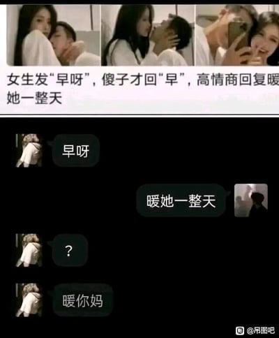 这是一张上下结构的图文混排搞笑梗图，上方由三张真人亲密互动的照片拼接而成，配文“女生发‘早呀’，傻子才回‘早’，高情商回复暖她一整天”，营造出分享和异性聊天技巧的氛围；下方是一段聊天记录截图，当女生发送“早呀”后，男生没有使用所谓的“高情商回复”，而是生硬地把上方的配文“暖她一整天”当作回复内容，让女生感到困惑并发送问号，最后女生生气地回复“暖你妈”。整图通过生硬套用聊天技巧的反套路方式制造反差，调侃了那些所谓的“高情商聊天指南”，产生了荒诞搞笑的效果。