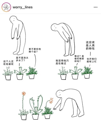 这是一组由三部分组成的连环手绘线稿漫画，采用拟人化的创意视角展开：第一部分中，一名垂头丧气、弯腰垂手的低落人类站在一旁，三盆拟人化的盆栽将人类的低落状态类比植物枯萎，像养护植物一样讨论，猜测是不是浇太多水、要不要换盆；第二部分里，人类弯腰的幅度更大，盆栽们进一步交流，意识到人类是在情绪难过，还将人类的难过类比植物烂根，认为难过是人类的特性，同时萌生了想要帮忙的想法；第三部分中，人类弯腰伸手，表情变得温和放松，原本普通的三盆盆栽也都开出了花朵，呈现出彼此被关怀后共同好转的温暖治愈场景。漫画用温柔的方式将植物养护逻辑与人类情绪关怀结合，传递出对情绪低落者的理解与陪伴的温暖价值。
