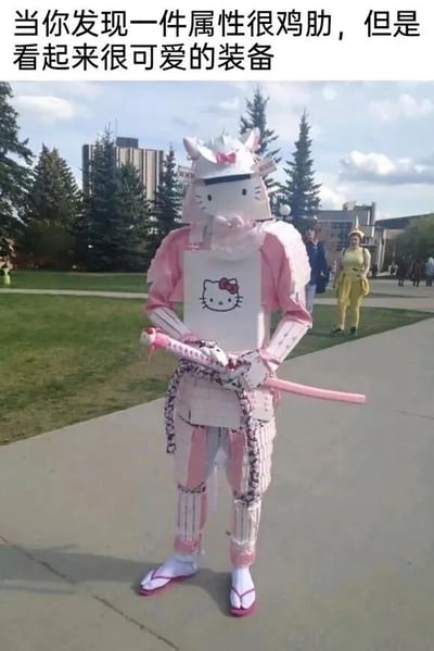 图片中一名真人穿着极具反差感的服装：主体为粉色系武士盔甲，头盔设计成Hello Kitty头部造型（带有白色耳朵和粉色蝴蝶结），胸前护甲印有Hello Kitty经典头像，手持一把粉色剑柄的武士刀。背景是户外校园或公园场景，远处有其他穿着服饰的人和树木建筑。图片上方配有文字“当你发现一件属性很鸡肋，但是看起来很可爱的装备”，幽默地表达了面对实用性低但外观吸引人的物品时的纠结心态。