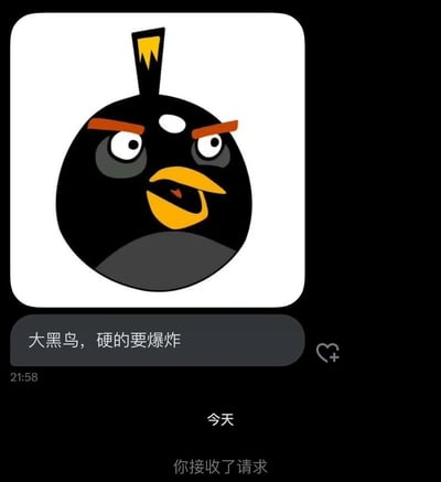 图片展示了《愤怒的小鸟》中的黑色小鸟角色，它有着愤怒的表情，红色的眉毛向上挑起，黄色的喙张开。图片下方配有文字“大黑鸟，硬的要爆炸”，以及类似聊天界面的时间戳“21:58”和“今天”，底部还有“你接收了请求”的文字。整体风格幽默搞笑，将游戏角色与网络流行语结合。