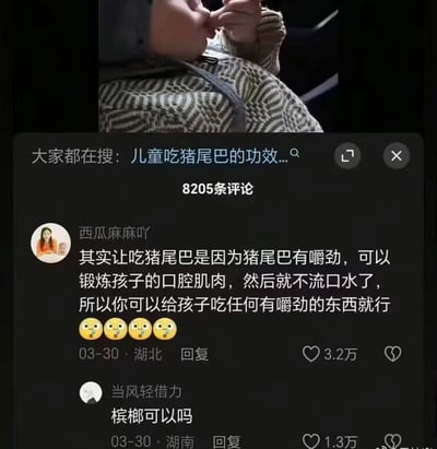 这是一张社交媒体评论区的截图，图片顶部露出了成人怀抱婴儿的局部画面，下方是短视频平台的评论区界面，顶部搜索关键词为“儿童吃猪尾巴的功效”，该内容下共有8205条评论。来自湖北的用户“西瓜麻麻吖”解释称，给孩子吃猪尾巴是为了锻炼孩子口腔肌肉改善流口水问题，只要给孩子吃任何有嚼劲的东西都能达到效果，这条评论收获了3.2万赞；随后来自湖南的用户“当风轻借力”回复提问“槟榔可以吗”，该回复收获1.3万赞，形成了充满反差的搞笑玩梗效果。