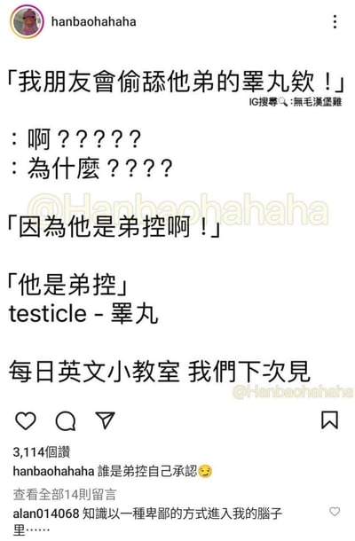這是一張Instagram截圖，顯示用戶hanbaohahaha發布的搞笑內容。內容以對話形式展開，提到「我朋友會偷舔他弟的睪丸飲」，並解釋「因為他是弟控啊！」。隨後有英文單詞教學：「testicle - 睪丸」，最後以「每日英文小教室 我們下次見」結尾。貼文獲得3,114個讚，下方有網友評論「知識以一種卑鄙的方式進入我的腦子里……」。